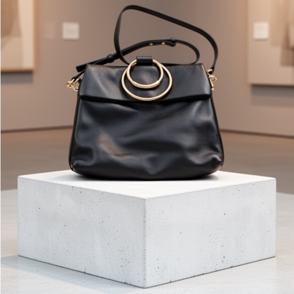 NWOT Vince Camuto Black Leather Crossbody Bag with Golden‎ Ring Accents